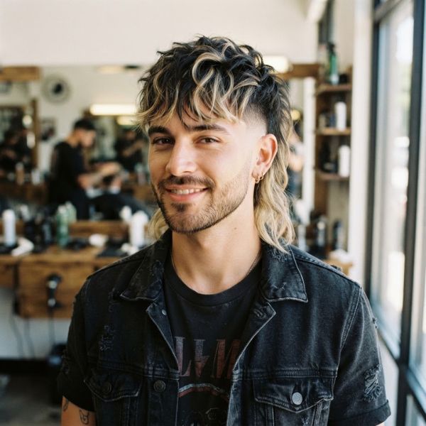 Low Burst Fade Mullet with Blonde Highlights
